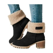 Ferndule Winter Boots for Women Suede Boots Faux Fur Lined Snow Boots Block Heel Booties Warm Winter Mid-Calf Ankle Boot