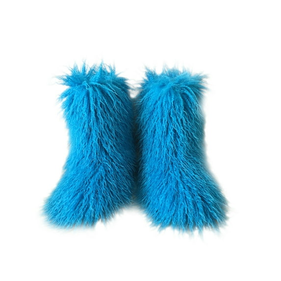 Ferndule Womens Fashion Mid Calf Boot Indoor Outdoor Breathable Faux Fur Cozy Furry Fuzzy Snow Boots Blue 7