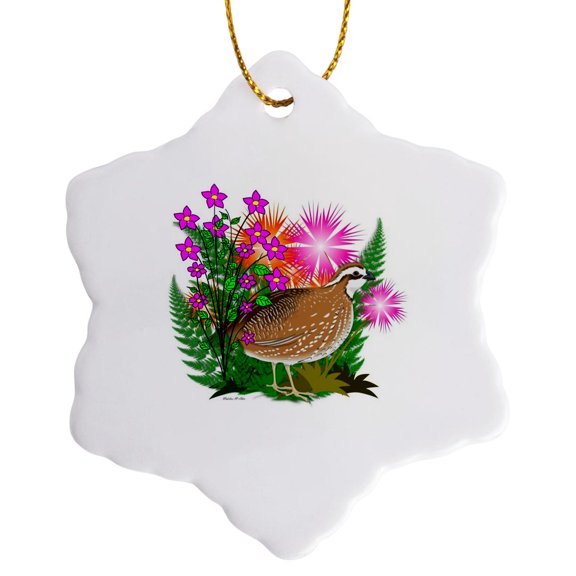 3drose, Ferns, Fire Flowers and a Quail, 3 inch Snowflake Porcelain Ornament