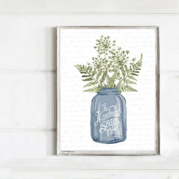 Ferns Greenery Bouquet Navy Mason Jar Bathroom Wall Decor, Blue Green Kitchen Home Wall Art Home Decor, 8x12 UNFRAMED
