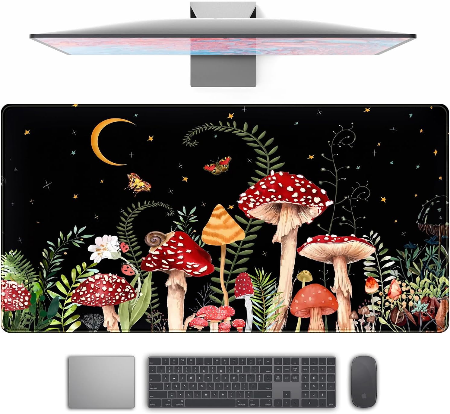 Ferns Leaves Cute Mushrooms Desk Mat Kawaii Green Plants Mouse Pad Xl Mat Large Gaming Desk Pad For Desk Decor Laptop Computer Keyboard Pad Desk Home Office For Women With Stitched Rounds 31.5x15.7 I