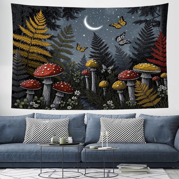 Ferns And Mushrooms Tapestry Wall Hanging Fantasy Starry Sky Tapestries Large Decorative Cloth for Living Room, Bedroom & Dorm Wall Decor 40L x 30W, Dark Gray