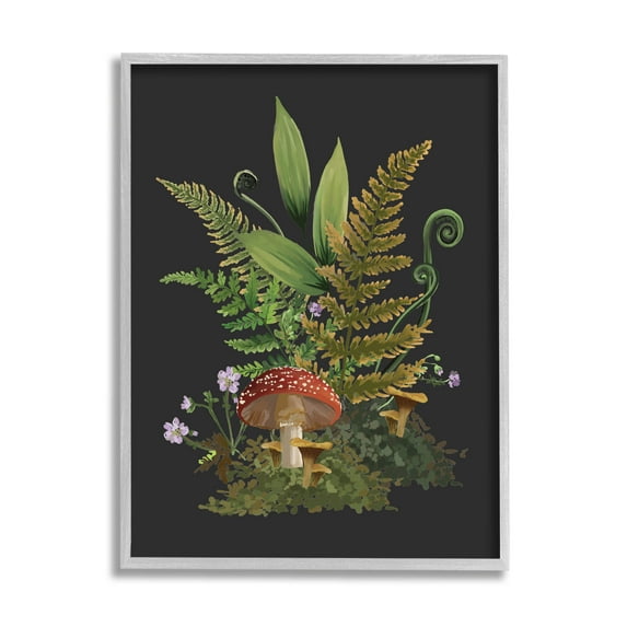 Ferns Sprouting Woodland Mushroom Plants Botanical & Floral Graphic Art Gray Framed Art Print Wall Art