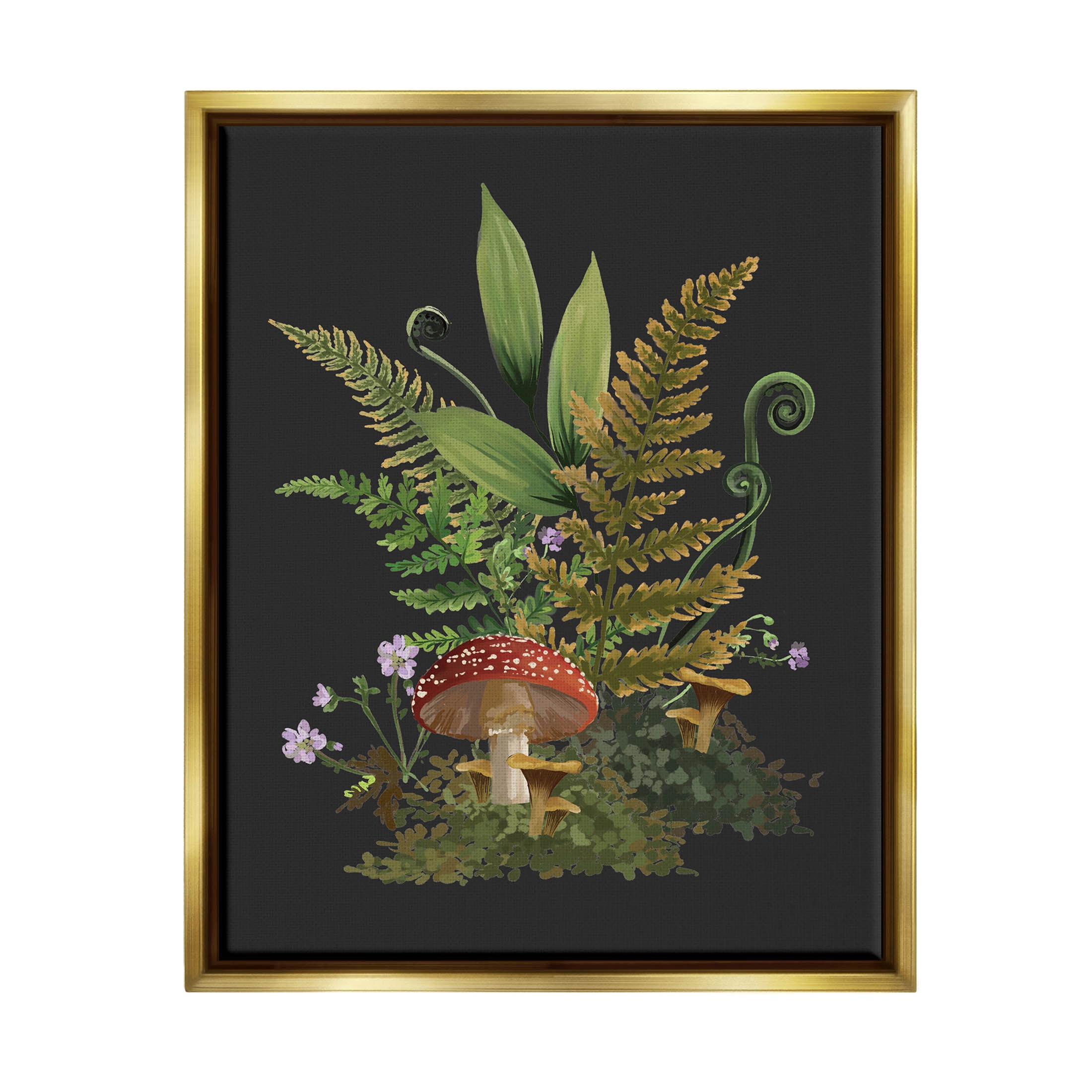 Ferns Sprouting Woodland Mushroom Plants Botanical & Floral Graphic Art Metallic Gold Framed Art Print Wall Art