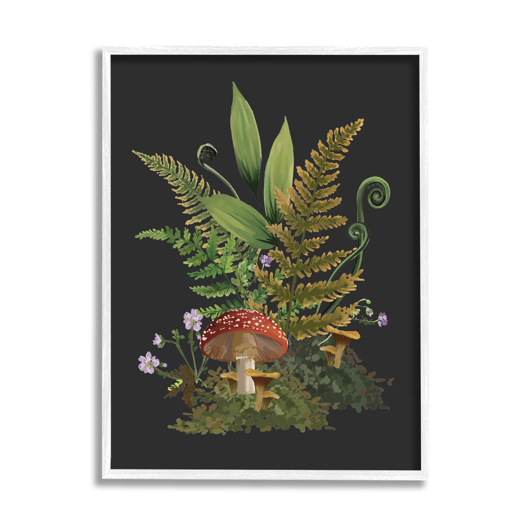 Ferns Sprouting Woodland Mushroom Plants Botanical & Floral Graphic Art White Framed Art Print Wall Art