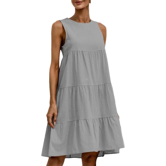 Fernvia Women Summer Solid Color Dress Beach Casual Round Neck Sleeveless Back Button One-Piece Street Style