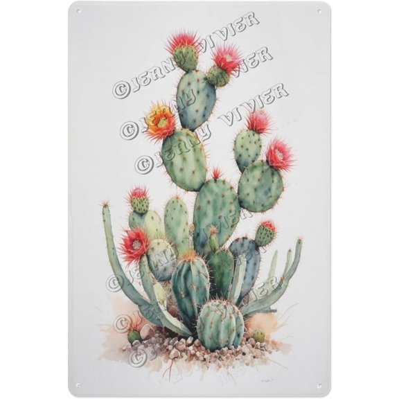 Ferocactus Cactus Wall Decor 8x12 Inch Metal Tin Sign for Garden, Living Room, Office Rustic Aluminum Cactus Poster for Plant Lovers and Nature Enthusiasts