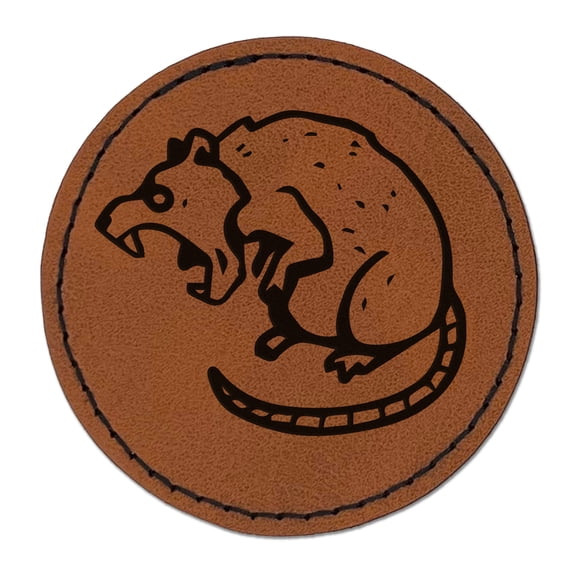 Ferocious Rat Rodent Snarling 2.5" Faux Leather Round Engraved Iron-On Patch - Brown