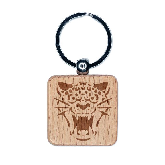 Ferocious Snarling Leopard Jaguar Jungle Cat Square Keychain Charm Tag - Engraved Wood