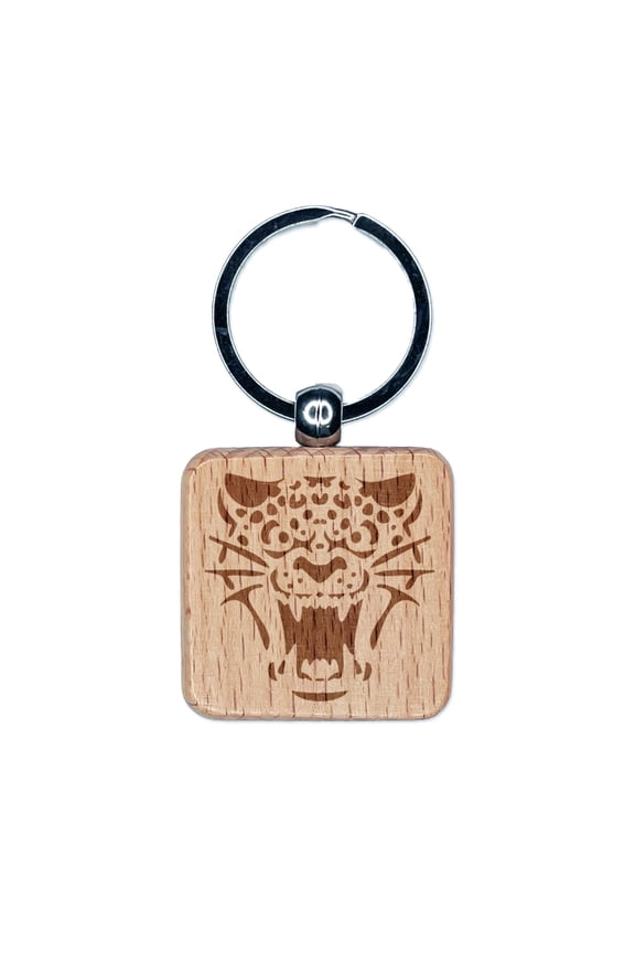 Ferocious Snarling Leopard Jaguar Jungle Cat Square Keychain Charm Tag - Engraved Wood