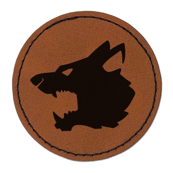Ferocious Snarling Wolf Head Side 2.5" Faux Leather Round Engraved Iron-On Patch - Brown