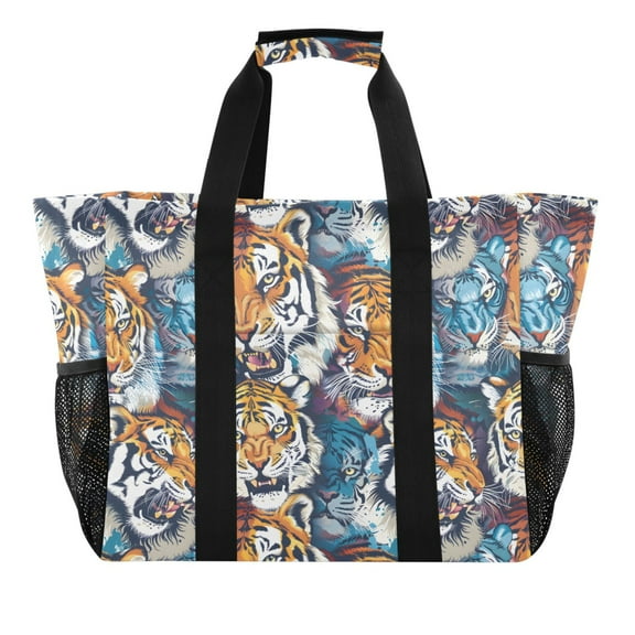 Ferocious Tiger Face Reusable Grocery Bags with Handle Side Pocket Waterproof Shopping Portable Tote