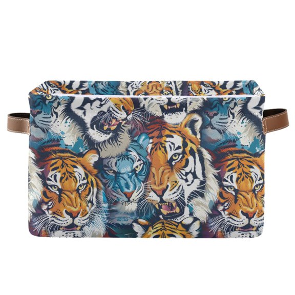 Ferocious Tiger Face Storage Bins with Handle Fabric Organizer Basket Foldable Box 1 Pack 14.2x10.2x8.3