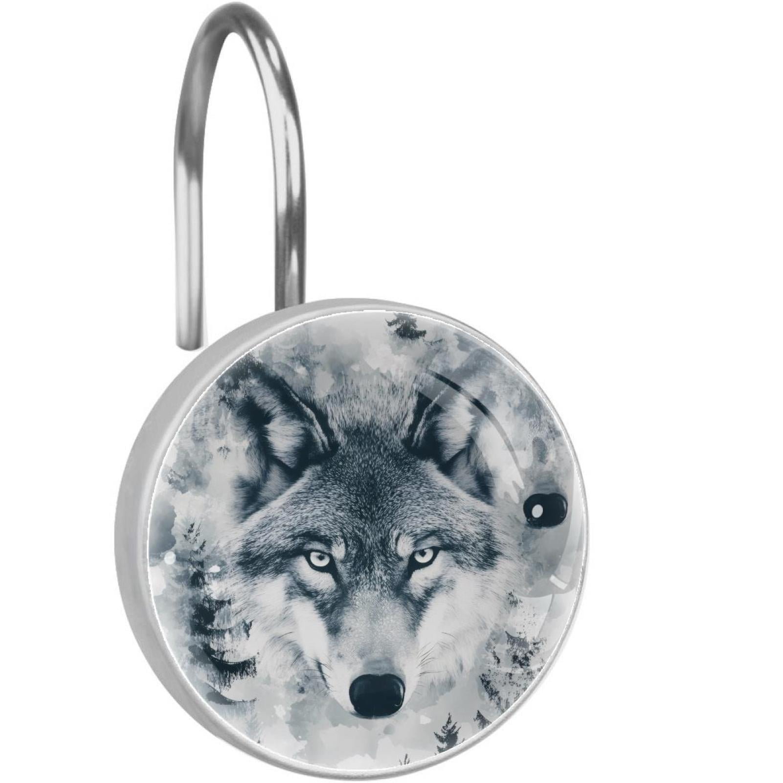 Ferocious Wolf Shower Curtain Hooks Round Crystal Glass, Set of 12 Shower Curtain Rings - Shower Hooks for Curtain Shower Rings