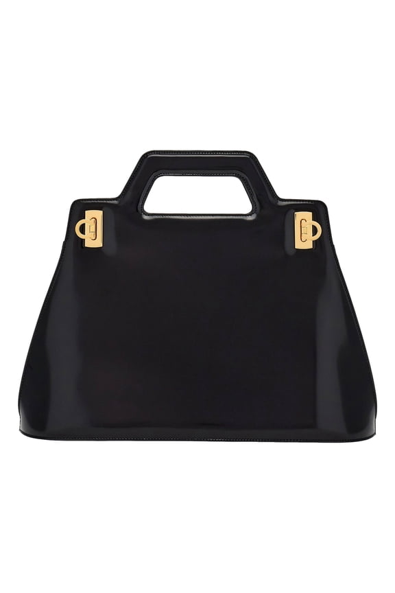 Wanda Black Patent Leather Top Handle Handbag NEW