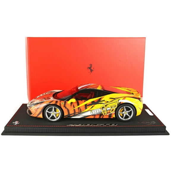 Ferrari 488 GTB "IPE Exhaust" Giallo Modena Yellow with Tiger Graphics w/DISPLAY CASE Ltd Ed to 100 pieces 1/18 Model Car by BBR
