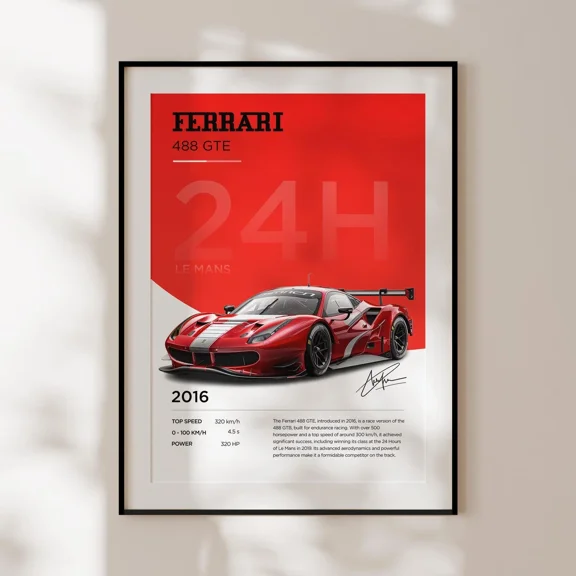 Ferrari 488 Gte Poster Le Mans Racing Car Garage Wall Art Decor Print Home Decor Office Wall Art