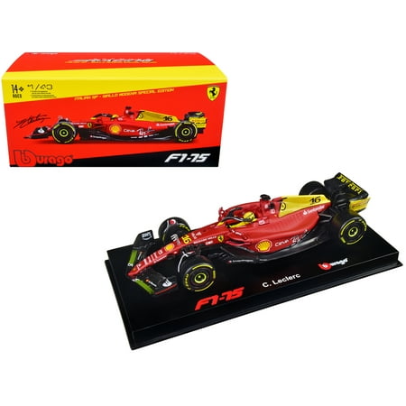 Ferrari F1-75 #16 Leclerc "Giallo Modena" 2nd Place F1 Italian GP (2022) w/Display Case 1/43 Diecast Model Car by Bburago