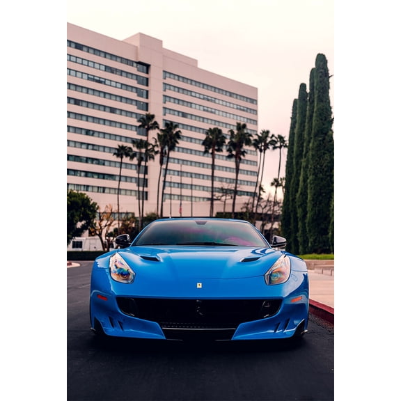 Ferrari F12 Blue Sports Automobile Front View Wall Art Home Decor - 24x36 Inch Laminated Poster - Stunning Detail and Bold Colors