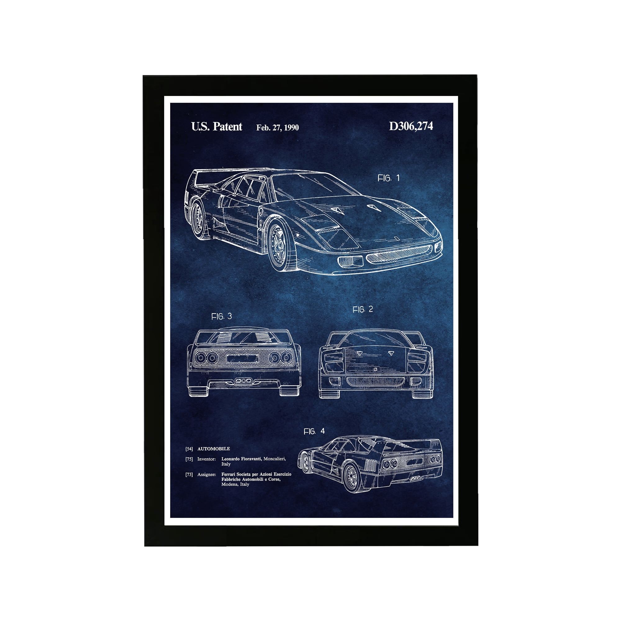 Ferrari F40 1990 Blue Chalkboard' Automobiles Home Décor 13.00" x 19.00" Framed Painting Art Prints, by Wynwood Studio