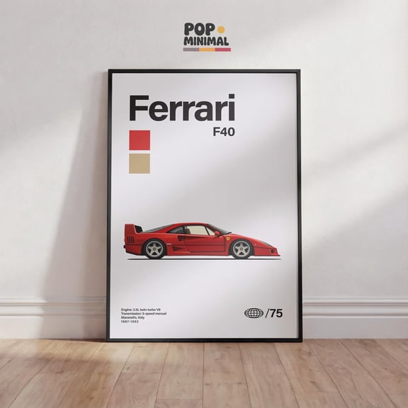 Ferrari F40 Minimal Print Red Italian Supercar Wall Art, Unframed Poster