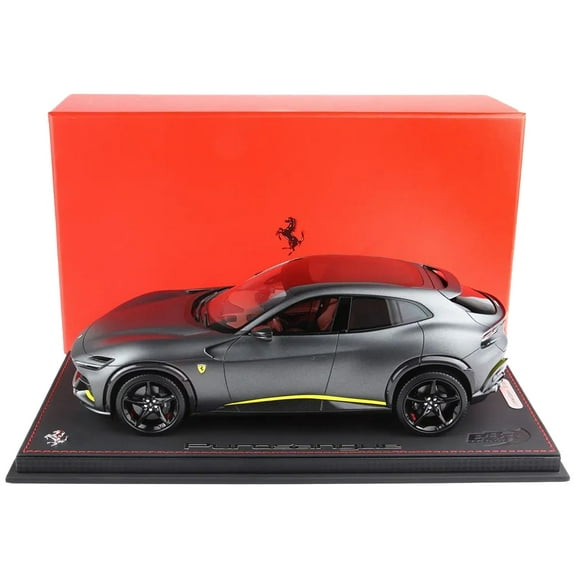 Ferrari Purosangue Matt Silverstone Gray Metallic with Yellow Stripes and Panoramic Roof with DISPLAY CASE 1/18 Model Car by BBR