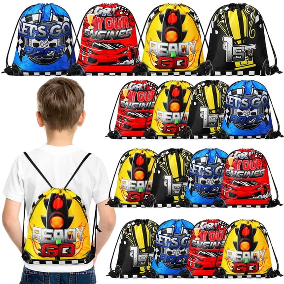Ferraycle 32 Pcs Race Car Birthday Party Supplies Race Car Favor Bags Goodie Drawstring Bags for Gifts, 4 Styles Y102
