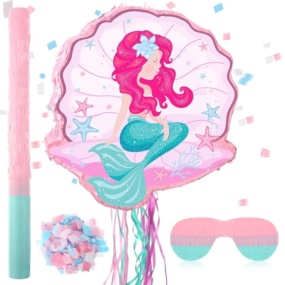 Ferraycle Mermaid Piata for Birthday Party Girl, Mermaid Party Supplies Piata with Blindfold, Bat and Confetti, Sea Ocean Theme Decorations for Games Celebration Activities, 13.39 x 13.78 inch Y101