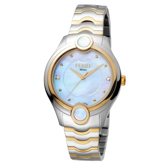 Ferre Milano FM1L083M0071 Womens Swiss Made Quartz Two Tone Gold Bracelet Watch with White Mother of Pearl Dial