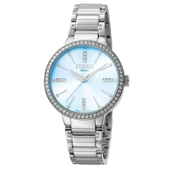 Ferre Milano Womens Swiss Made Quartz Silver Bracelet Watch with Blue Dial