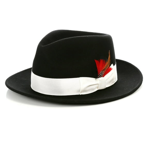 Ferrecci Black/White Wool Crushable Fedora with Removable Feather - Unisex, Men’s, Women’s Traveler Hat (Medium 57cm-7 1/8)
