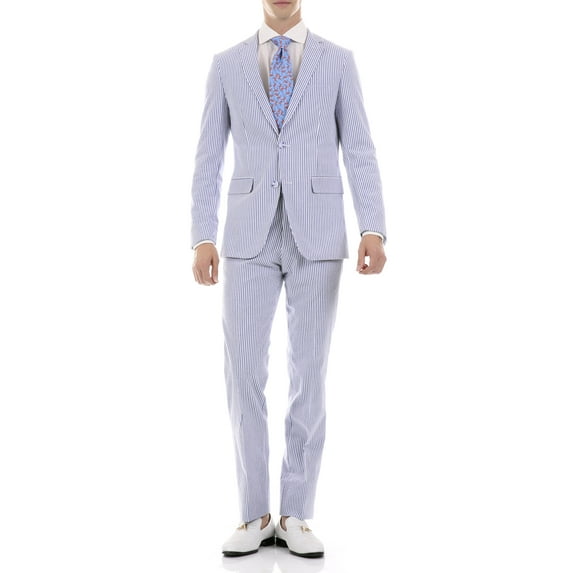 Ferrecci Men’s Blue Seersucker Striped Slim Fit 2 Piece Notch Lapel Cotton Suit with Marbled Buttons (48 Long)