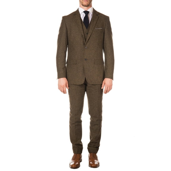 Ferrecci Men's Bradford Cognac Brown Slim Fit Notch Lapel 3 Piece Vintage Tweed Heritage Suit Set - Blazer Jacket, Vest and Pants (38 Short)