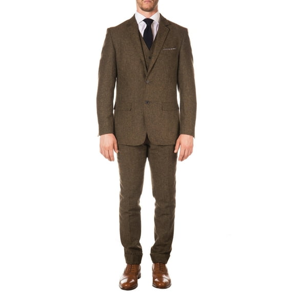Ferrecci Men's Bradford Cognac Brown Slim Fit Notch Lapel 3 Piece Vintage Tweed Heritage Suit Set - Blazer Jacket, Vest and Pants