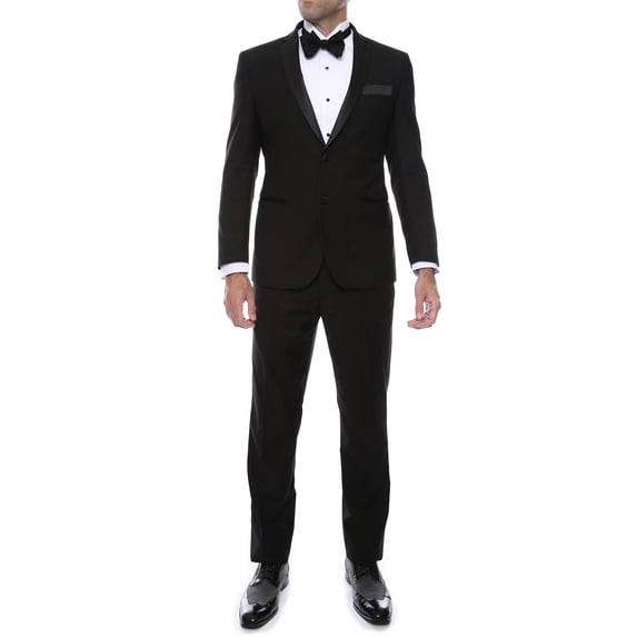 Ferrecci Men's Bronson Black Slim Fit Notch Collar Lapel 2 Piece Tuxedo Suit Set - Tux Blazer Jacket and Pants (48 Regular)