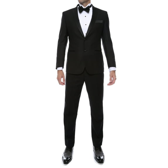 Ferrecci Men's Debonair Black Slim Fit Peak Collar Lapel 2 Piece Tuxedo Suit Set - Tux Blazer Jacket and Pants (38 Regular)