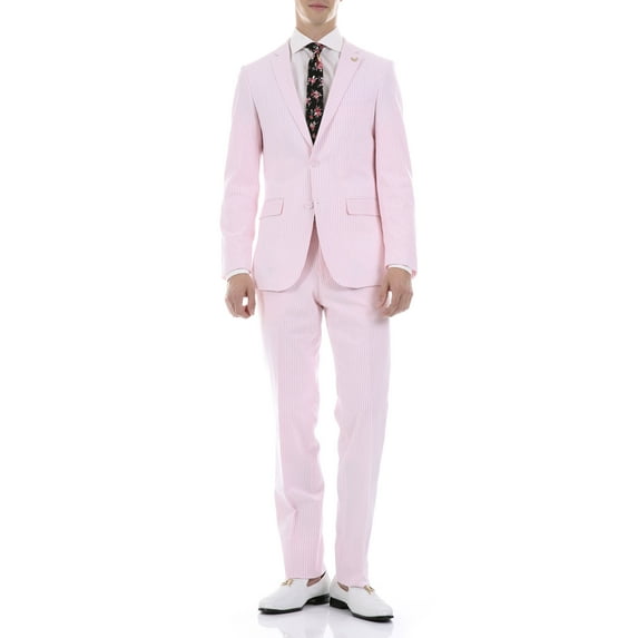 Ferrecci Men’s Pink Seersucker Striped Slim Fit 2 Piece Notch Lapel Cotton Suit with Marbled Buttons (34 Regular)