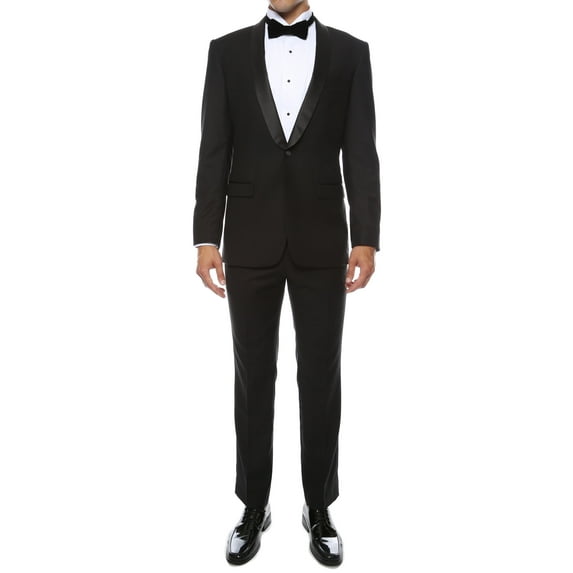 Ferrecci Men's Reno Black Slim Fit Shawl Collar Lapel 2 Piece Tuxedo Suit Set - Tux Blazer Jacket and Pants (36 Short)