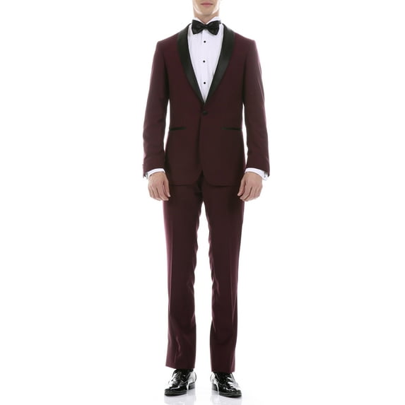 Ferrecci Men's Reno Burgundy Slim Fit Shawl Collar Lapel 2 Piece Tuxedo Suit Set - Tux Blazer Jacket and Pants (48 Long)