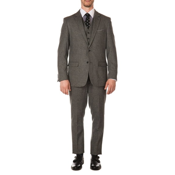 Ferrecci Men's York Grey Slim Fit Notch Lapel 3 Piece Wool Vintage Herringbone Suit Set - Blazer Jacket, Vest and Pants (42 Short)