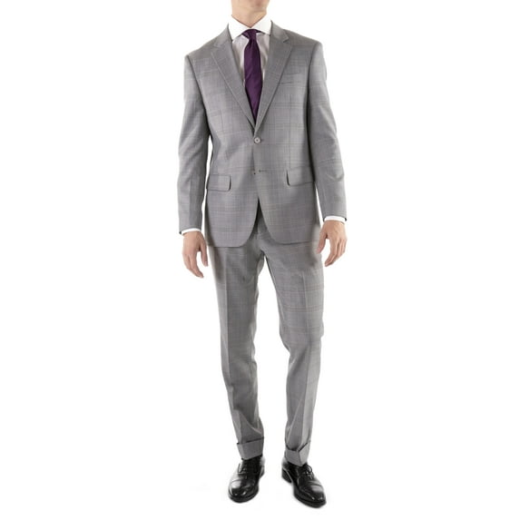 Ferrecci Men's Yves Light Grey Plaid Check Slim Fit Notch Lapel 2 Piece Wool Suit with Matching Flat-Front Dress Pants (44 Long)