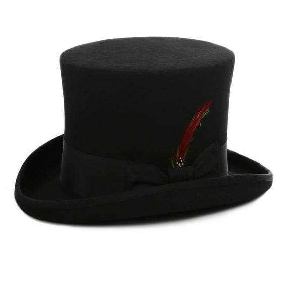 Ferrecci Satin Lined Black Wool Top Hat with Grosgrain Ribbon and Removable Feather - Unisex, Men, Women (2X-Large 63cm-7 7/8)