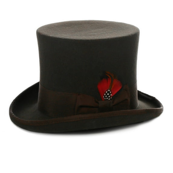 Ferrecci Satin Lined Brown Wool Top Hat with Grosgrain Ribbon and Removable Feather - Unisex, Men, Women (Small 55cm-6 7/8)