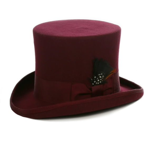 Ferrecci Satin Lined Burgundy Wool Top Hat with Grosgrain Ribbon and Removable Feather - Unisex, Men, Women (Large 59cm-7 3/8)