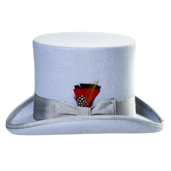 Ferrecci Satin Lined Sky Blue Wool Top Hat with Grosgrain Ribbon and Removable Feather - Unisex, Men, Women (Large 59cm-7 3/8)