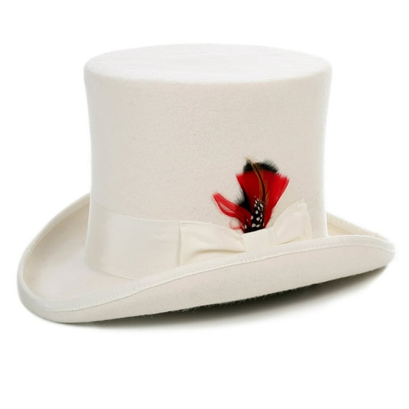 Ferrecci Satin Lined White Wool Top Hat with Grosgrain Ribbon and Removable Feather - Unisex, Men, Women (Large 59cm-7 3/8)