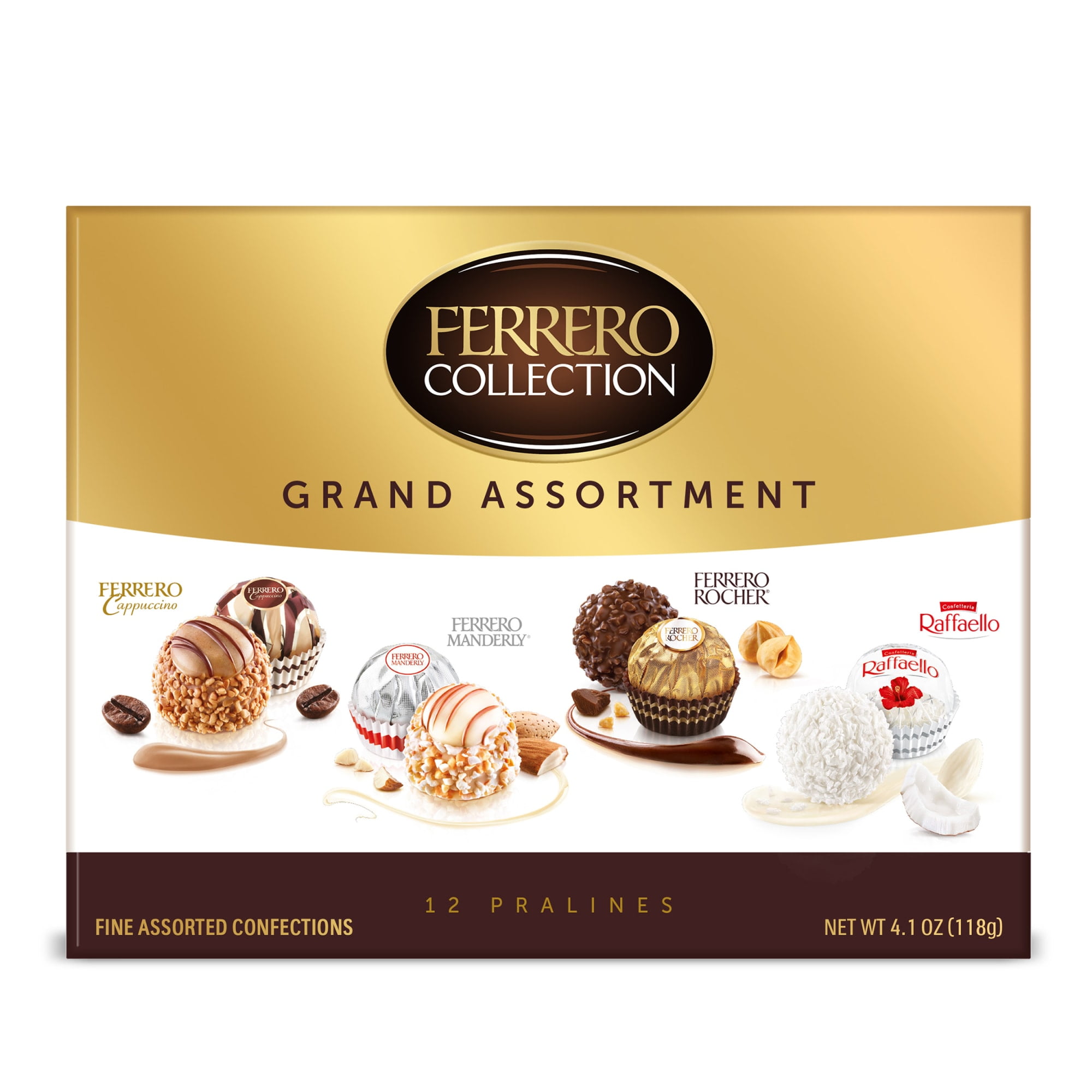 Ferrero Collection Grand Assortment, Hazelnut Chocolate, Coconut, Almond, Cappuccino, Holiday Gift Box, 12 Count, 4.1 oz