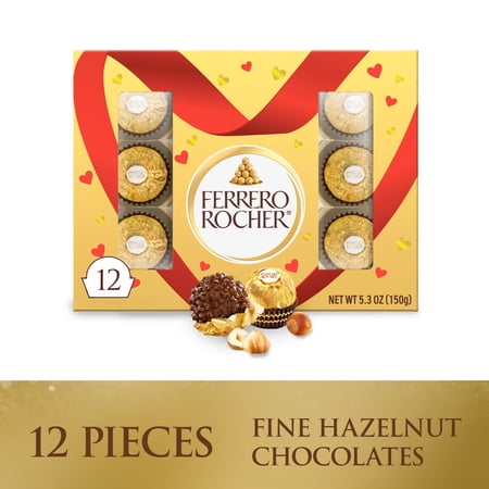 Ferrero Rocher Gourmet Hazelnut Milk Chocolate Valentine’s Day Gift Box, 12 Individually Wrapped Chocolates for Gifting, 5.3 oz