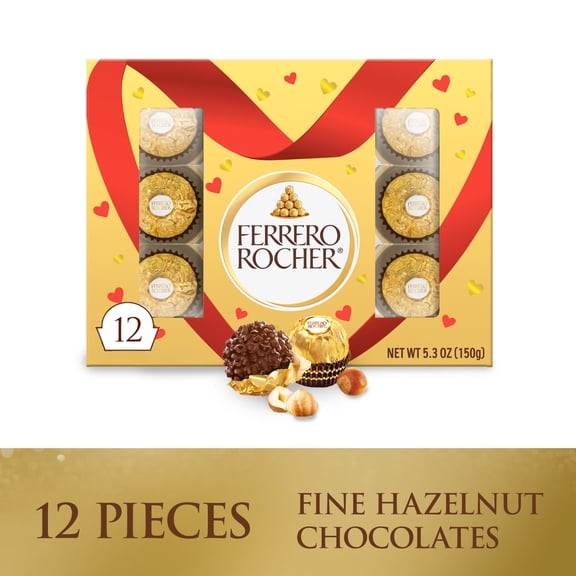Ferrero Rocher Gourmet Hazelnut Milk Chocolate Valentines Day Gift Box, 12 Individually Wrapped Chocolates for Gifting, 5.3 oz