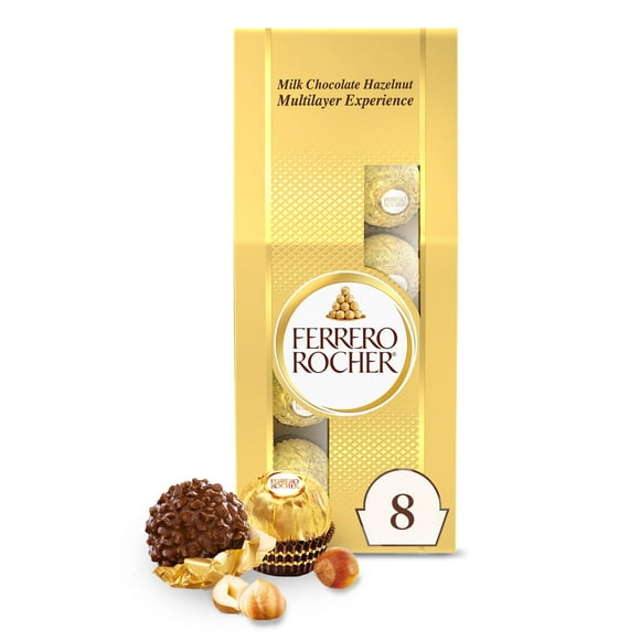 Ferrero Rocher, 8 Count, Premium Gourmet Milk Chocolate Hazelnut, Individually Wrapped Candy for Gifting, 3.5 oz